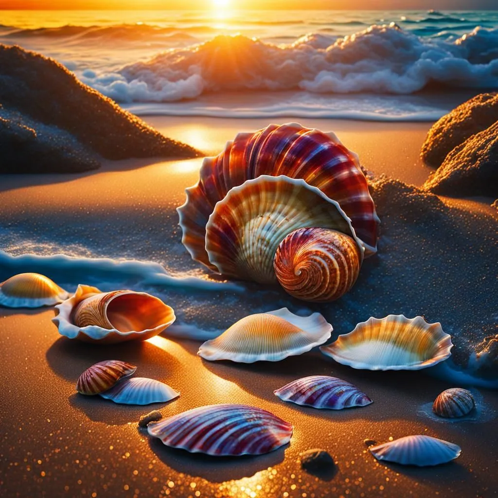 The image is depicting a beach scene with seashells in the foreground and the ocean and sunset in the background. The seashells are of various sizes and colors, and they are arranged in a haphazard manner on the beach. The ocean is a deep blue color, and the waves are gently crashing against the shore. The sunset is a bright orange color, and it is casting a warm glow over the scene. The beach is made of soft, white sand, and it is wet from the waves. There are no people or other objects on the beach, which gives it a peaceful and serene feeling.