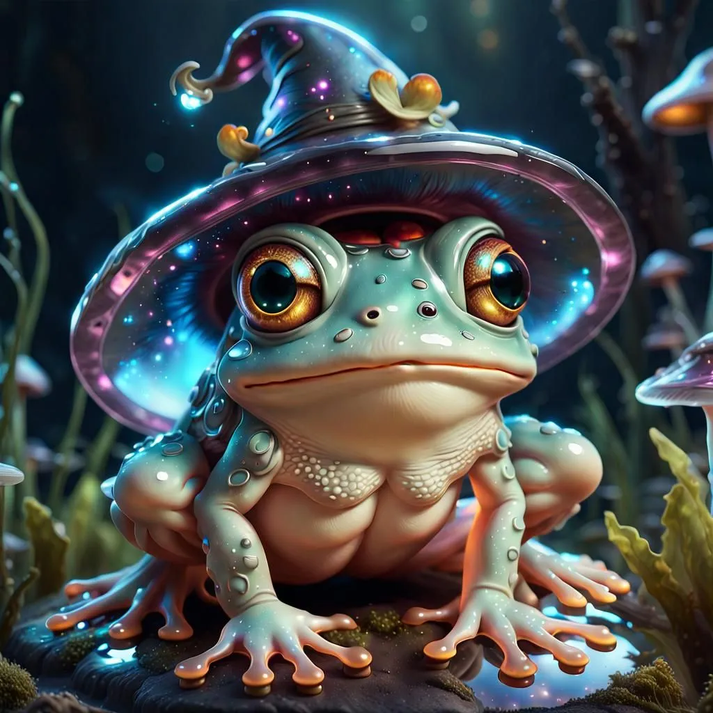 Sitting regally on a mossy rock, the frog wizard gazes out at the world with its big, round eyes. Its skin is a vibrant shade of green, and its belly is a creamy white. The frog's hat is tall and pointed, and it is decorated with a band of shimmering gold. The frog's feet are webbed, and its toes are long and slender.