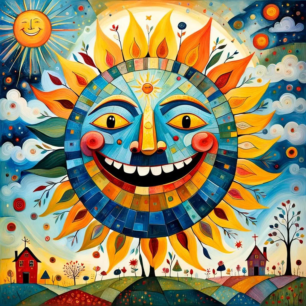 This is a painting of a happy sun. The sun has a smiling face with bright yellow eyes and a red nose. It is surrounded by colorful rays that look like flames. The sun is also surrounded by clouds, stars, and flowers. There are two houses, two trees, and a church below the sun. The painting is done in a bright and cheerful style, and it seems to capture the joy of a sunny day.