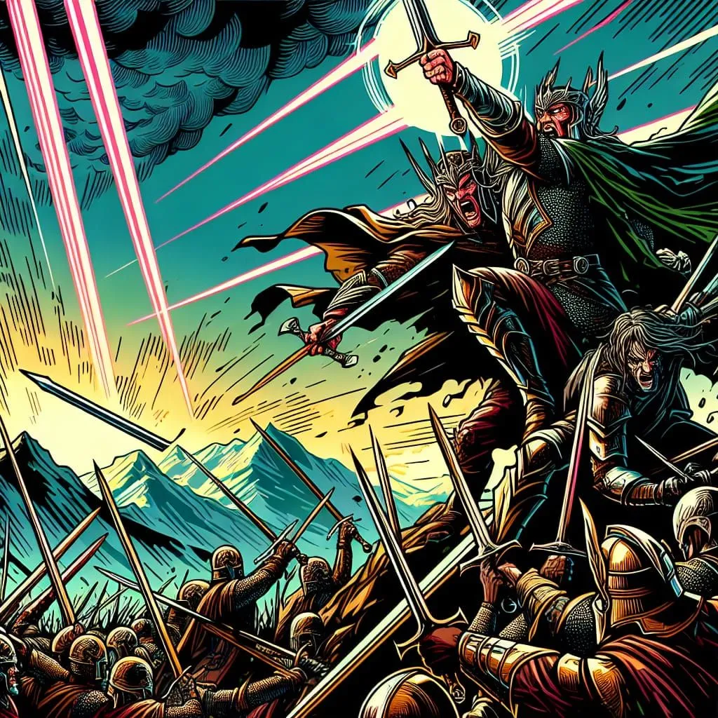 The image is of a battle between two armies. The armies are fighting on a field with mountains in the background. The sky is blue, and the sun is shining. There are many soldiers in each army, and they are all fighting with swords. There is a lot of blood and gore, and the battle is very intense. In the foreground, two warriors are engaged in a particularly fierce duel. One warrior is a human, and the other is an orc. The human warrior is winning the duel, and the orc warrior is about to be defeated.