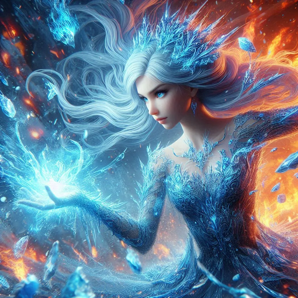 This is an image of the Snow Queen. She is a beautiful woman with long white hair and blue eyes. She is wearing a dress made of ice and snow. She is standing in a snowy forest, and she is surrounded by ice and snow.