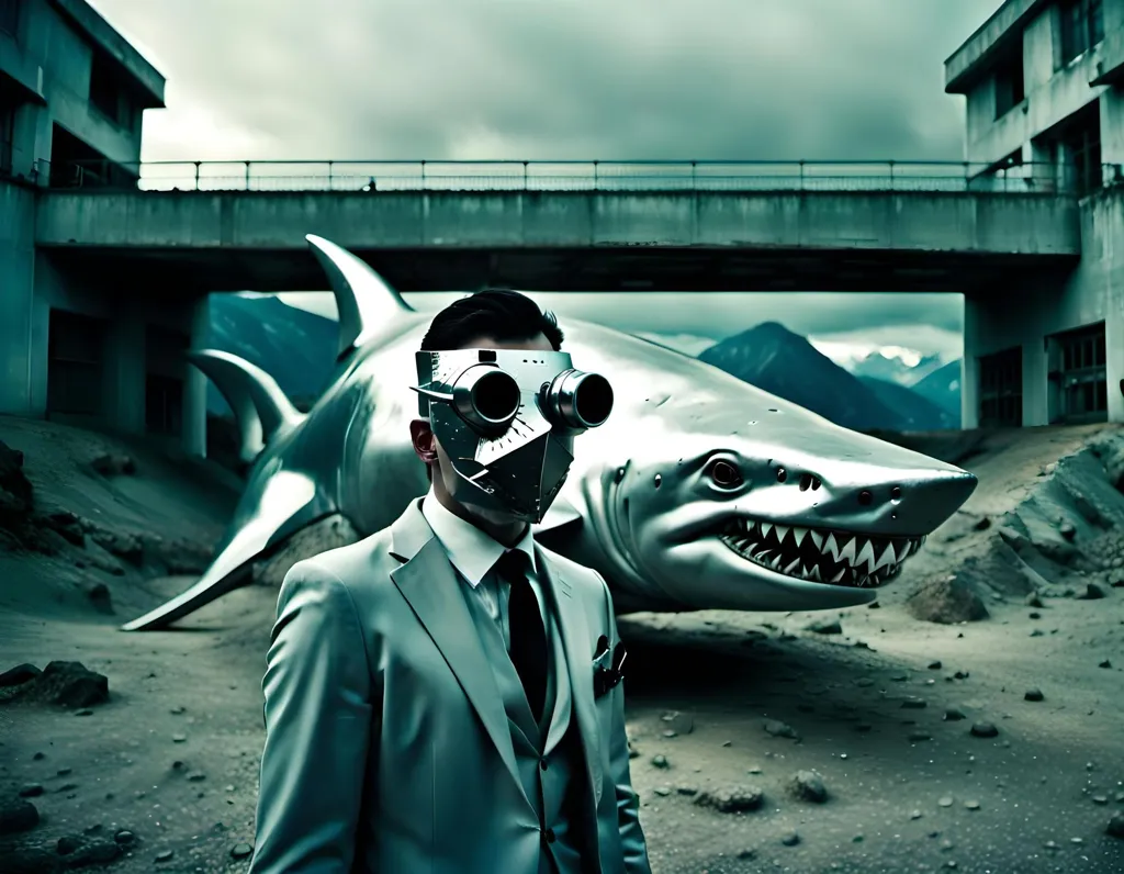 A man wearing a suit and a shark-shaped mask stands in front of a large, beached shark. The shark's mouth is open, and its teeth are bared. The man is looking at the shark with a determined expression. In the background, there is a bridge and a building. The sky is cloudy, and the water is murky.