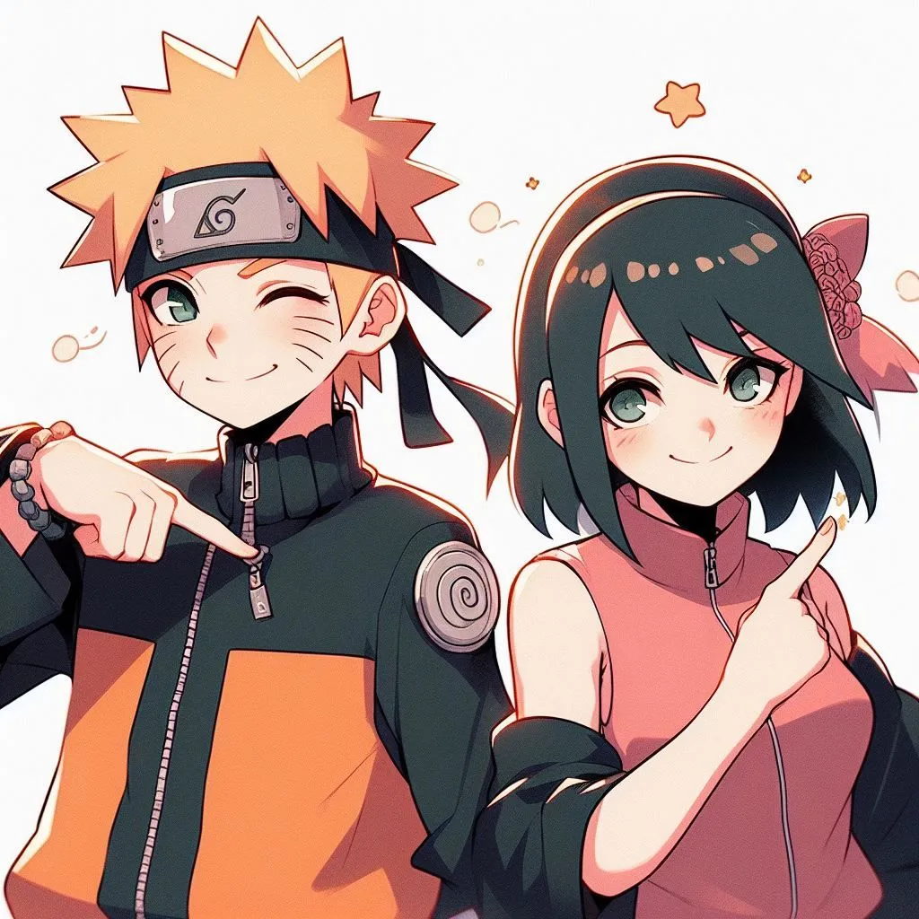 The image is of two anime characters, Naruto Uzumaki and Sarada Uchiha. They are both smiling and pointing at each other. Naruto is a young boy with spiky blond hair and blue eyes. He is wearing an orange jacket and a headband with the symbol of the Hidden Leaf Village. Sarada is a young girl with short black hair and green eyes. She is wearing a pink dress and a headband with the symbol of the Uchiha clan.