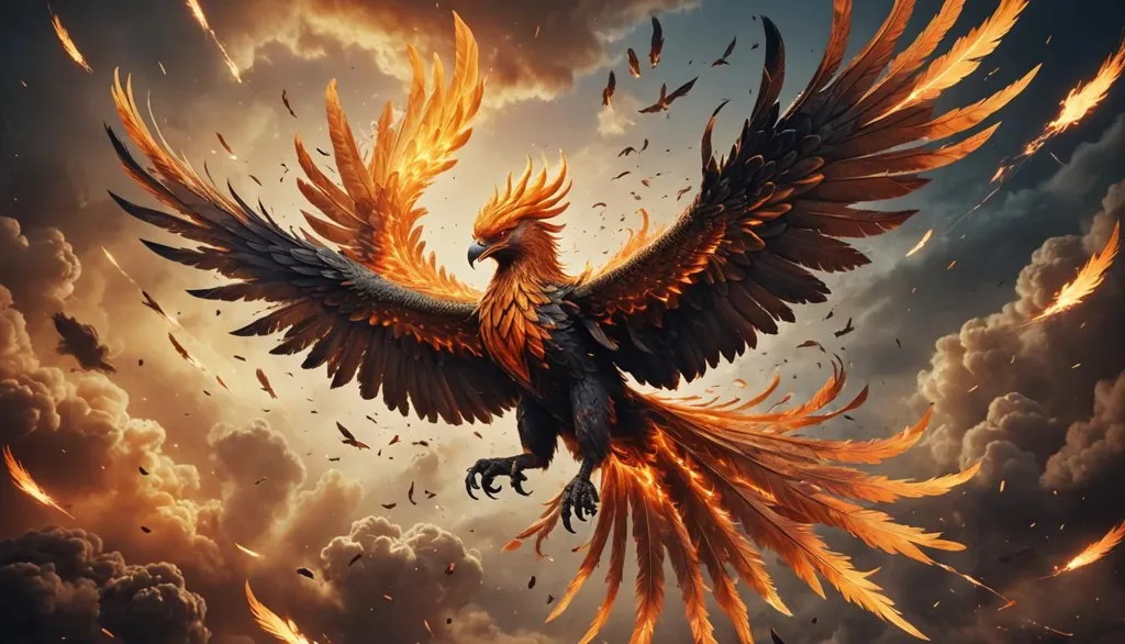 The phoenix is a mythical bird that is said to be a symbol of hope and renewal. It is said to live for 500 years, and then it bursts into flames and is reborn from the ashes. The phoenix is often depicted as a large, brightly colored bird with a long tail. It is often associated with fire and the sun.