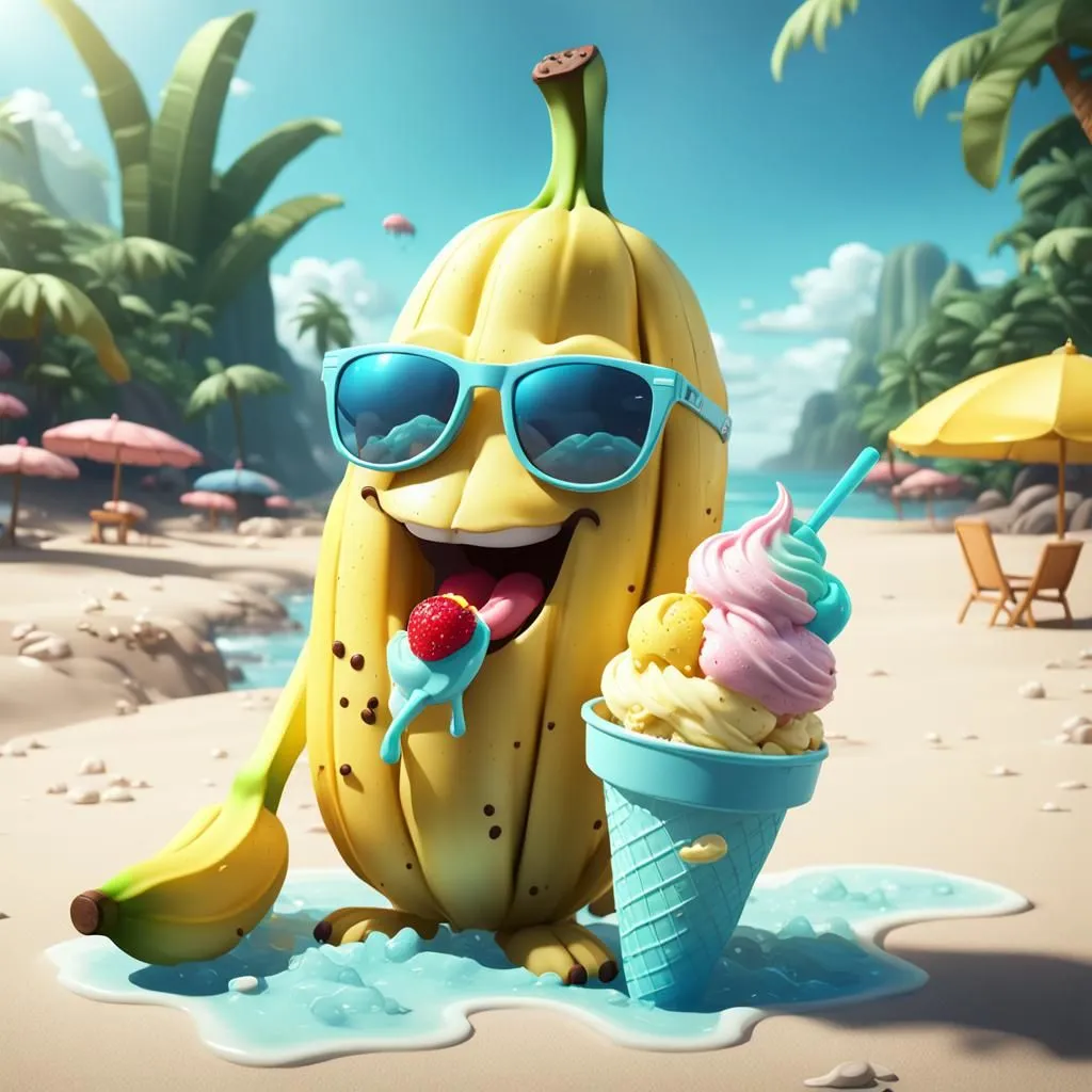 The image shows a anthropomorphic banana wearing sunglasses, it is standing on a beach. The banana is holding an ice cream cone with two visible scoops of ice cream. The banana has a bite taken out of it and there is a trail of melted ice cream running down the side of the banana. There are palm trees in the background and beach chairs with umbrellas.