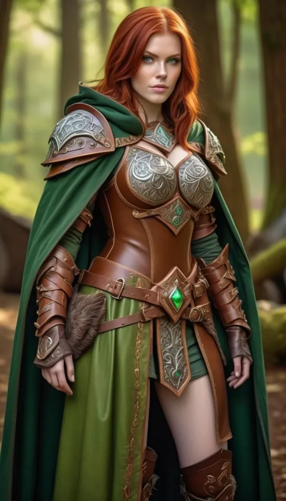 This image shows a warrior woman standing in a forest. She is wearing a green cloak and brown leather armor. She has a sword on her hip and a bow and arrow on her back. She is looking to the side with a determined expression on her face.