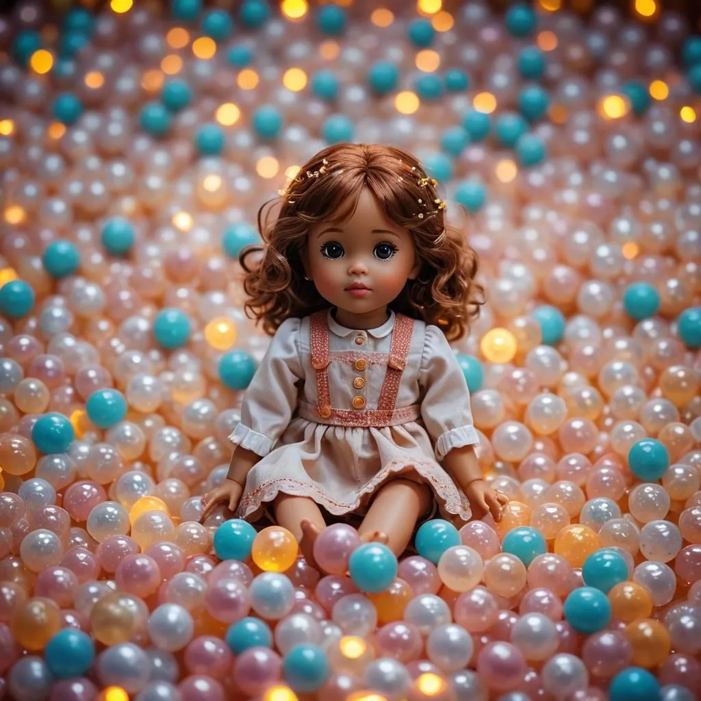 The image shows a doll sitting in a ball pit. The doll is wearing a white dress with a pink sash and has brown hair and blue eyes. The ball pit is filled with pink, blue, and yellow balls. The doll is smiling and looks happy. There are also some small, round lights on the background, they are yellow and orange.