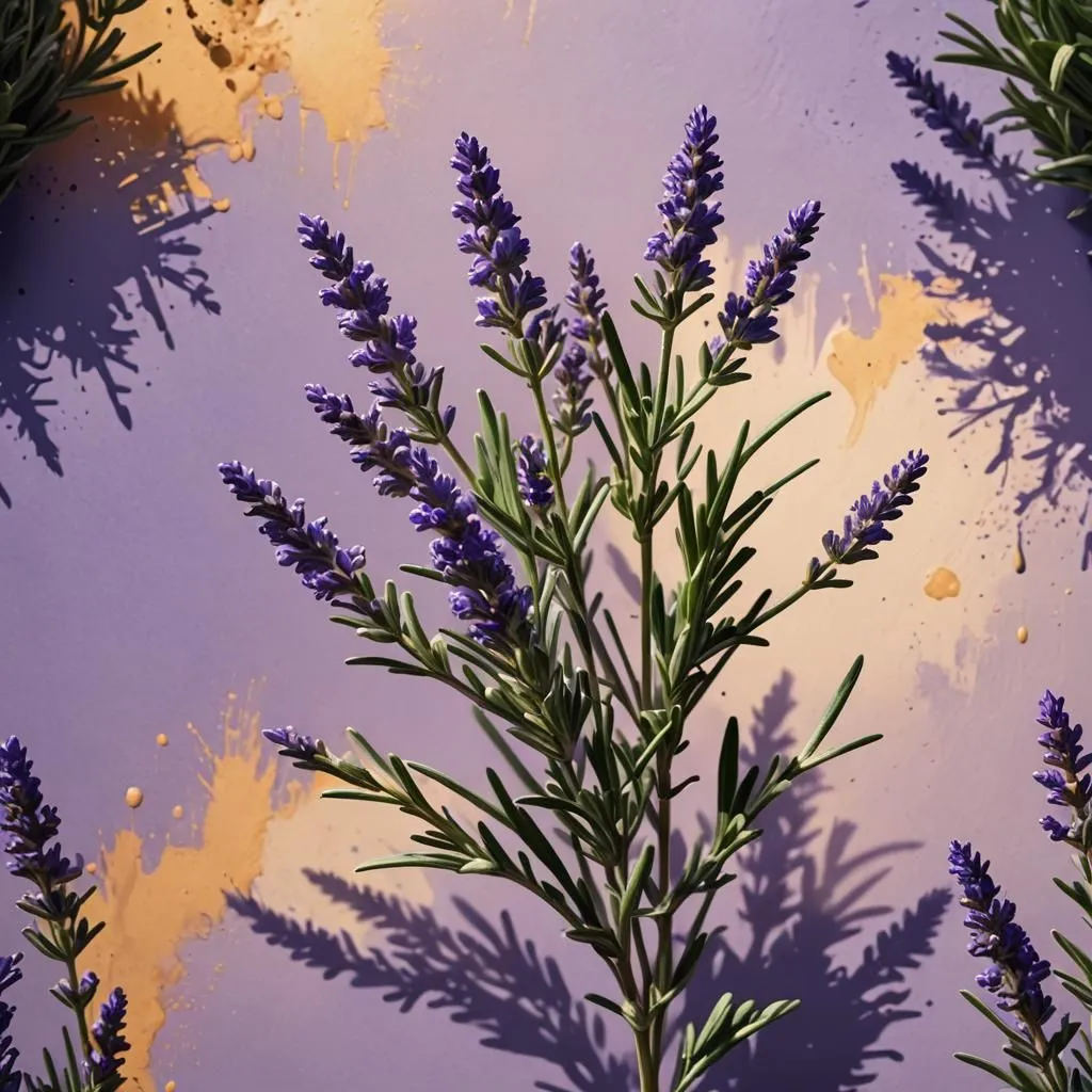 A beautiful image of lavender flowers. The flowers are a deep purple color and the leaves are a light green color. The flowers are arranged in a cluster at the top of the stem. The stem is long and slender. The background is a light purple color. The image has a soft, dreamy feel to it.