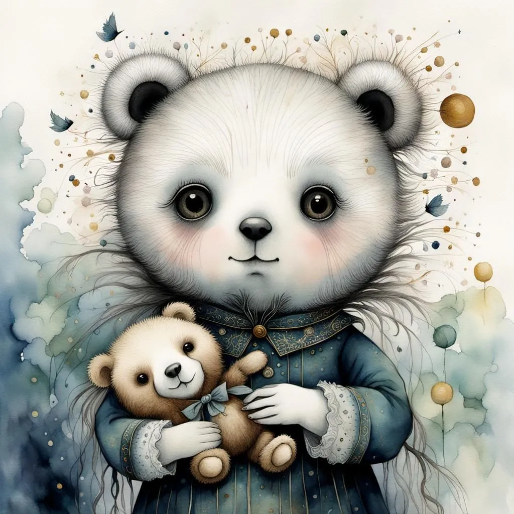 The image is a watercolor painting of a cute panda bear. It is wearing a blue dress with a white collar and has a small brown teddy bear in its arms. The background is a light blue with some white and yellow flowers. The panda has big, round, black eyes and a pink nose. It is smiling and looks very happy.