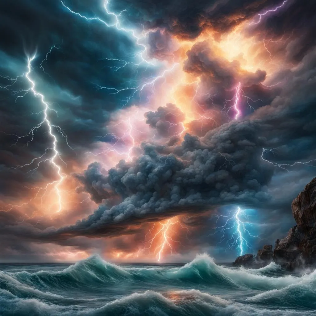 A raging storm is depicted in the painting. Dark clouds loom over the ocean, and lightning strikes the water. The waves are rough and choppy, and the wind is whipping up the sea spray. The storm is in full force, and it is a sight to behold. The painting is both beautiful and awe-inspiring, and it captures the power and fury of nature.