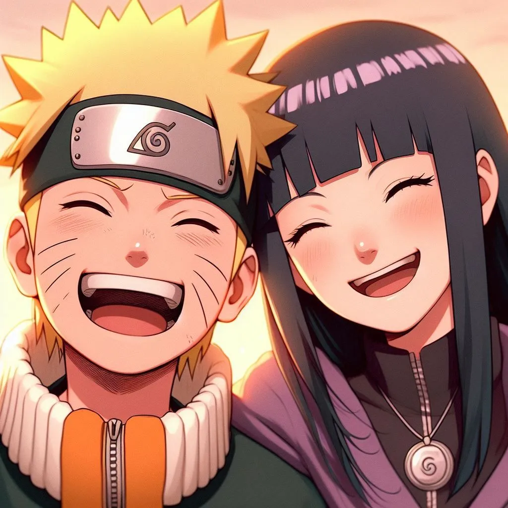 The image is of two anime characters, Naruto Uzumaki and Hinata Hyuga, from the anime series Naruto. They are both smiling happily. Naruto is a young boy with spiky blond hair and blue eyes. He is wearing an orange jacket and a headband with the symbol of his village, Konohagakure. Hinata is a young girl with long black hair and purple eyes. She is wearing a purple jacket.