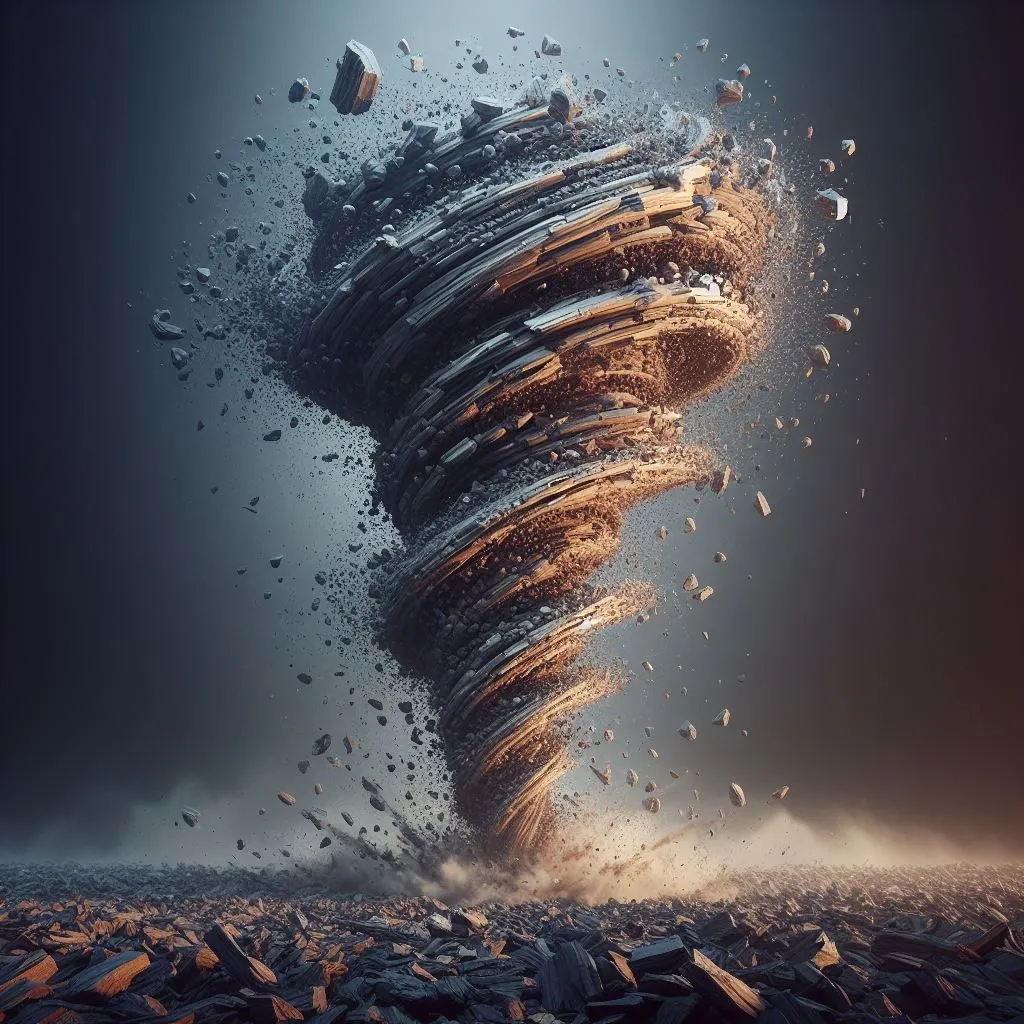 A tornado is a violently rotating column of air that extends from the base of a thunderstorm cloud to the ground. It is a destructive force of nature that can cause widespread damage.

The tornado in the image is made of rocks. It is a powerful and destructive force that is capable of lifting large objects into the air. The tornado is surrounded by a cloud of dust and debris. The tornado is a dangerous and unpredictable phenomenon that can cause widespread damage.