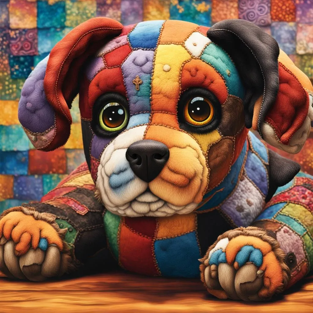 The image shows a cute puppy made of colorful patches. The puppy is sitting on a wooden table and looking at the viewer with its big, round eyes. The puppy has a black nose and a pink tongue. Its fur is made of different colors and patterns and it has a few stitches on its body. The background is a colorful patchwork pattern.