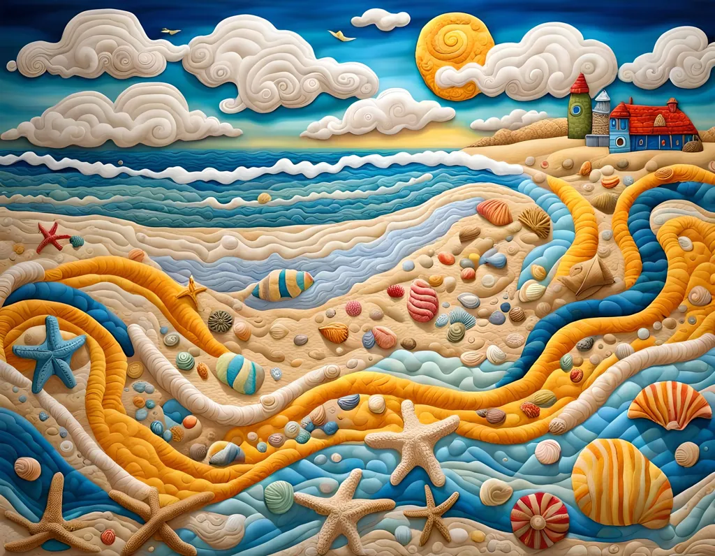 The image is a colorful depiction of a beach scene. The foreground is a sandy beach with a blue sea in the background. The beach is covered in shells, starfish, and other marine life. The sky is blue and cloudy, and there is a house in the distance. The image is done in a cartoon style, and the colors are bright and vibrant.