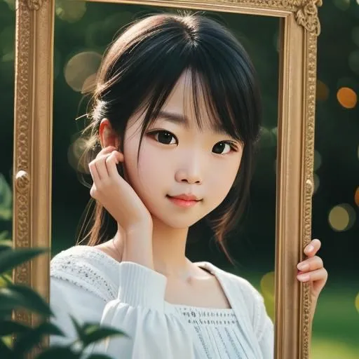 The little girl is very cute. She has big eyes and a small nose. Her hair is black and short. She is wearing a white dress. She is standing in a frame.