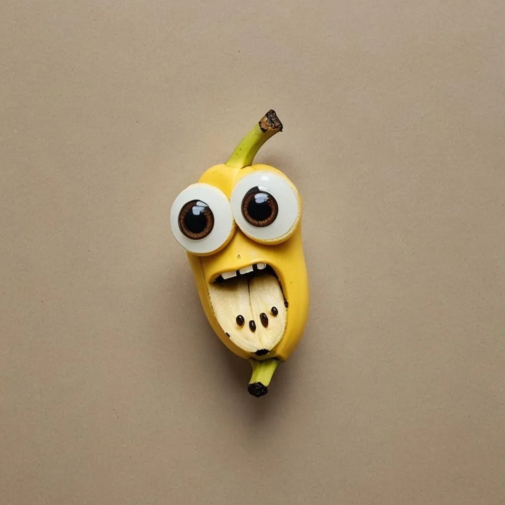 This image shows a banana with googly eyes and a mouth made from its peel. The banana is screaming in pain as its seeds are being pulled out. The background is a light brown color.