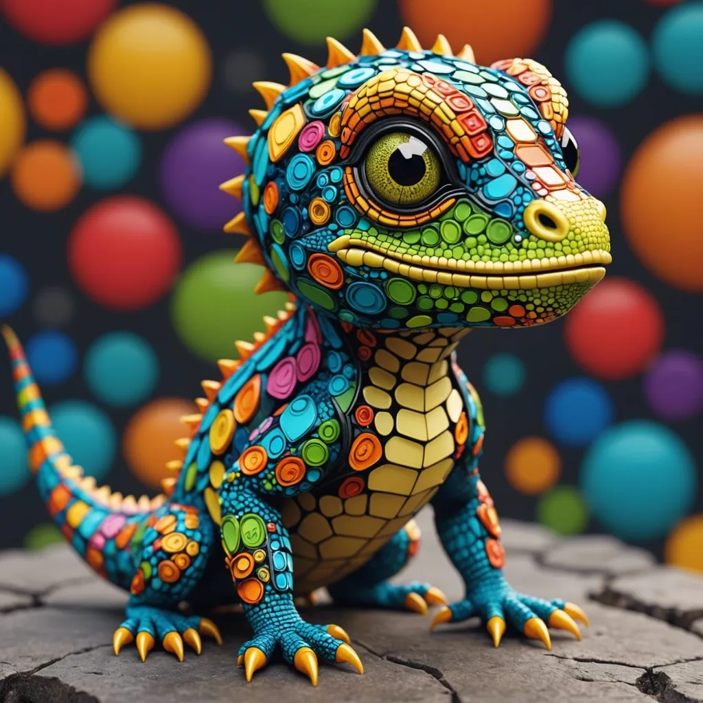 This is a 3D rendering of a colorful lizard. The lizard is sitting on a rock and has its head turned to the side, looking at the viewer. The lizard's body is covered in multicolored polka dots and has a long tail. The background is a blur of multicolored circles.