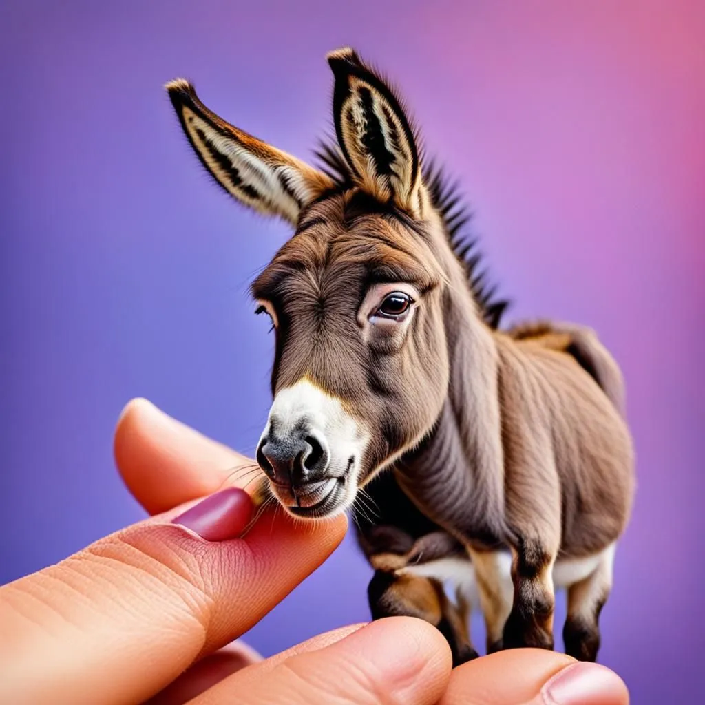 The image shows a donkey. The donkey is brown and white. It has long ears and a short tail. The donkey is standing on a purple background. A human hand is petting the donkey on the nose. The donkey is looking at the human hand.