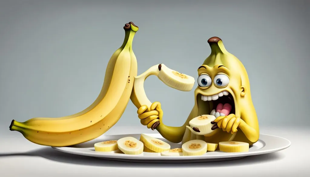 A cartoon banana is eating slices of another banana. The banana is holding the other banana in its hands and taking a big bite out of it. There is a plate with slices of banana on the table. The banana is sitting on the table. The background is white.