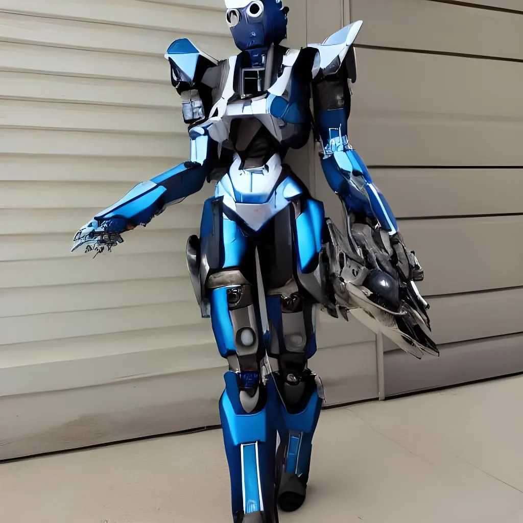 A humanoid robot stands in front of a garage door. The robot is blue and silver, with a feminine figure. It is wearing a form-fitting suit of armor, and has a large gun attached to its right arm. The robot's eyes are glowing white, and it has a small, triangular mouth.