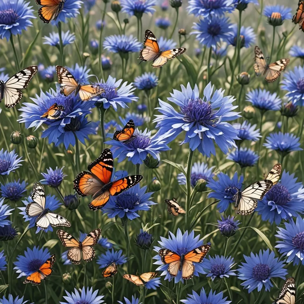 A field of blue flowers is in full bloom. The flowers are clustered together in small groups, and their petals are a deep, vibrant blue. The leaves of the flowers are a light green, and they are covered in tiny, white hairs. The flowers are surrounded by a sea of green grass, which is also in full bloom. The grass is interspersed with small, white flowers. There are butterflies fluttering around the flowers. The butterflies are mostly yellow and orange, with some black and white markings. They are flying in all directions, and they seem to be enjoying the warm weather. The scene is one of peace and tranquility.