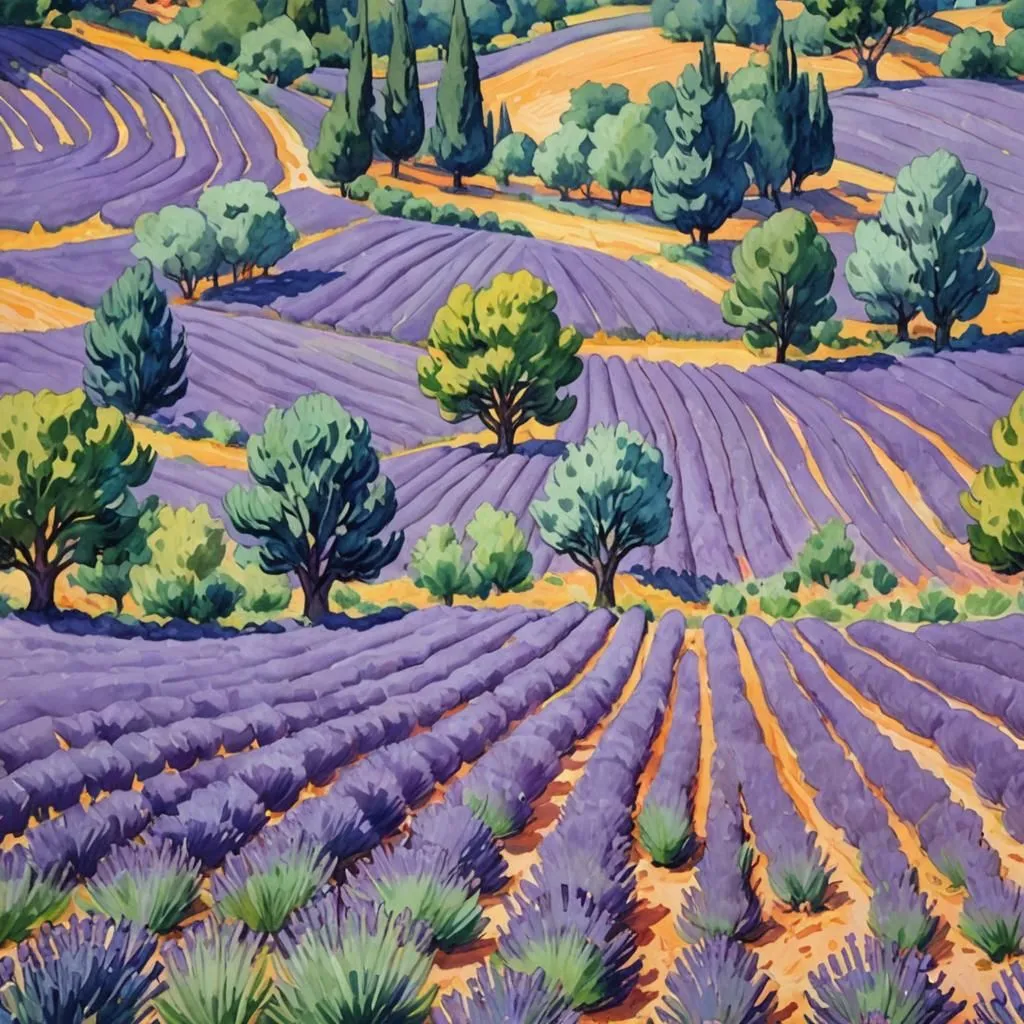 This is a painting of a lavender field. The lavender is in full bloom and the colors are vibrant. The field is divided into sections by low hedges, and there are trees scattered throughout. The painting has a warm and inviting atmosphere.