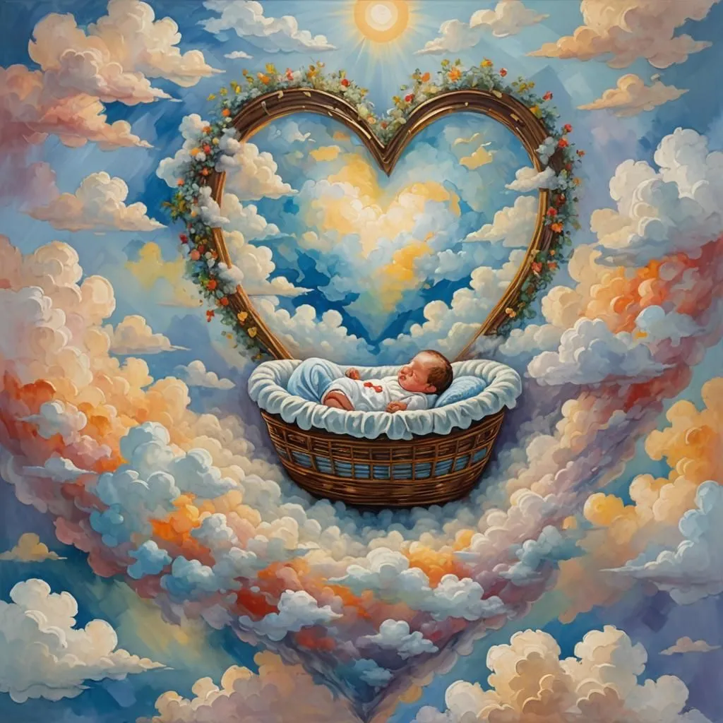 👼👼👼The painting is of a baby sleeping in a basket. The basket is in the clouds and surrounded by a heart-shaped frame of flowers. The baby is wearing a white blanket with a red bow on its head. The painting is very soft and ethereal.👼👼👼