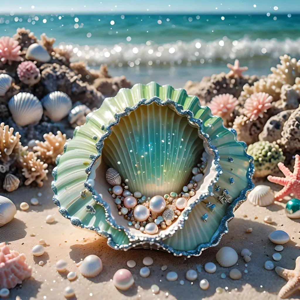 The image depicts a green seashell with pearls and other shiny objects inside it. The seashell is sitting on the beach with the ocean in the background. There are other seashells and starfish on the beach. The sand is white and the water is blue. The sun is shining and there are sparkles in the background. The image is very bright and colorful.