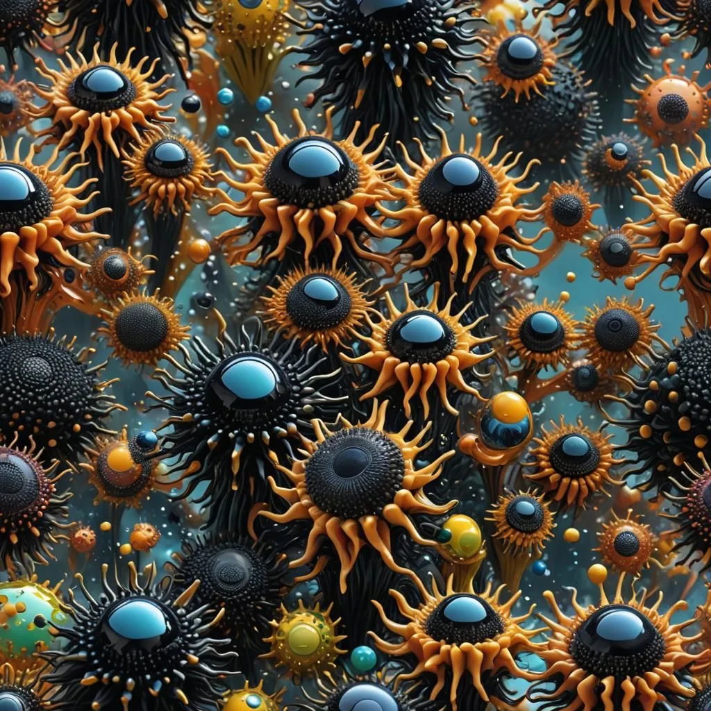 The image is a depiction of a field of alien flowers. The flowers are black and orange, with large, blue eyes. The flowers are arranged in a grid-like pattern, with each flower being surrounded by a sea of smaller, blue flowers. The background is a deep blue, with a few small, white dots.