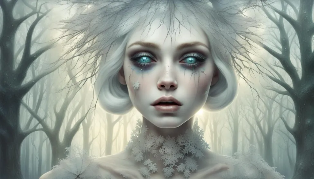 This image is a depiction of the Snow Queen, a character from a Hans Christian Andersen fairy tale. The Snow Queen is a beautiful, but cold and heartless woman who lives in a palace made of ice and snow. She has the power to freeze people's hearts with her icy touch. In this image, the Snow Queen is shown as a young woman with long, white hair and blue eyes. She is wearing a white dress and a crown made of ice and snow. She is standing in a snowy forest, and she is surrounded by trees that are covered in snow and ice. The Snow Queen is a powerful and dangerous figure, but she is also a beautiful and tragic character.