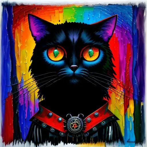 The painting is of a black cat with glowing yellow-green eyes. The cat is wearing a red and blue collar with a golden amulet in the center. The background is a rainbow of bright colors. The painting is done in a realistic style and the cat's fur looks soft and fluffy. The cat's eyes are narrowed and it looks like it is about to pounce. The painting is both beautiful and striking, and the cat's expression is sure to stay with you long after you look away.