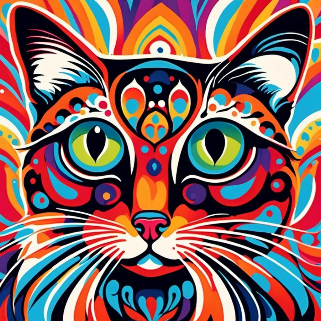 This is a painting of a cat. The cat's face is in the center of the painting. The cat's eyes are green and its fur is orange, black, and white. The background is a bright rainbow of colors, with the colors swirling around the cat's head. The painting has a psychedelic look and feel.