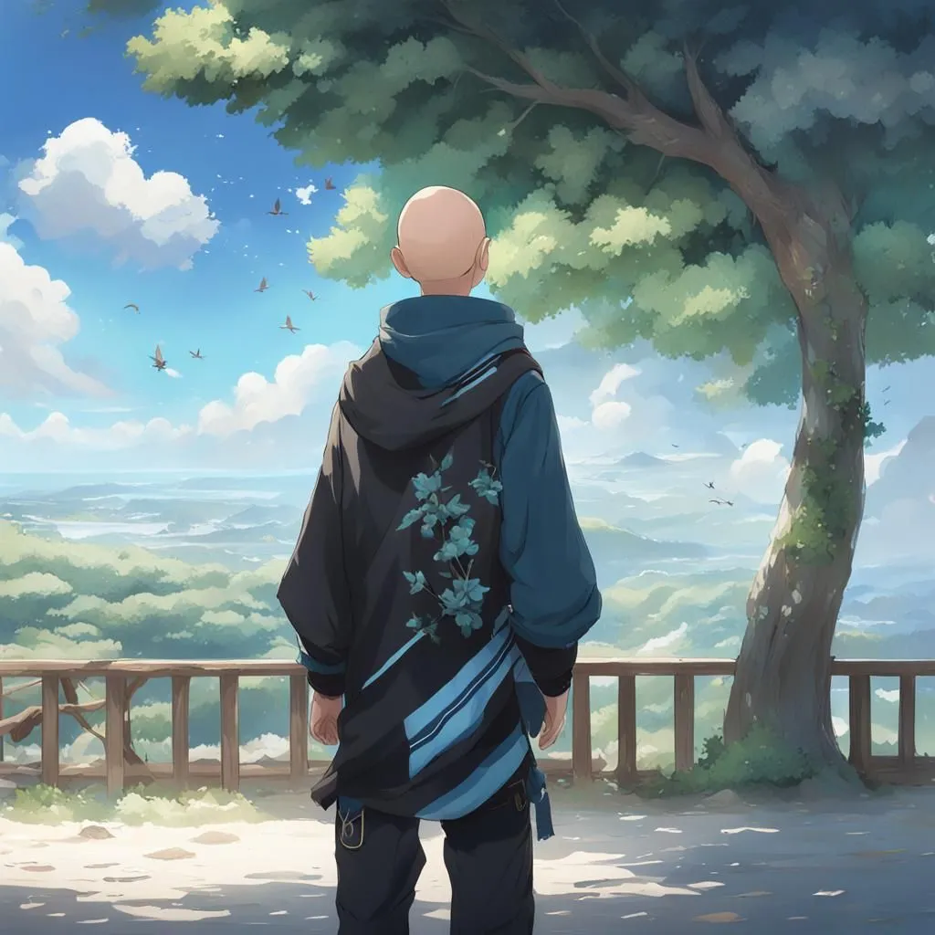 The image is of a person standing on a cliff, looking out at the ocean. The person is wearing a blue robe with white and yellow markings, and has a bald head. The sky is blue and cloudy, and the water is a deep blue. The cliff is green and lush, with a few trees and shrubs.