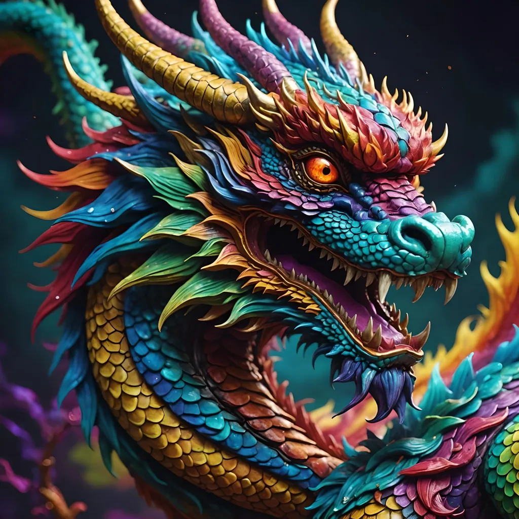 The image is a 3D rendering of a Chinese dragon. The dragon is covered in brightly colored scales and has a long, serpentine body. It is standing on its hind legs and has its wings spread out. The dragon's head is turned to the side and it has its mouth open,露出锋利的牙齿. The background is a dark blue color with a gradient to black at the top.