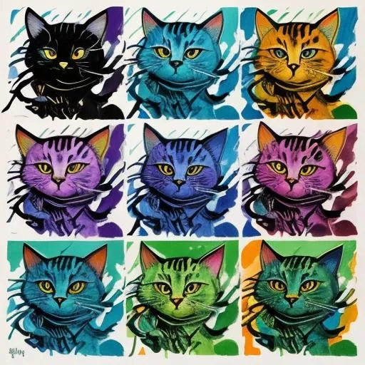 This is a colorful 3x3 grid of cat portraits. Each cat has a different color scheme, with the colors being bright and saturated. The cats' eyes are all different colors, and they are all looking in different directions. The cats are all depicted in a semi-realistic style, with their fur being textured and their eyes being detailed. The overall effect of the image is one of harmony and balance, with the different colors and patterns of the cats working together to create a visually pleasing whole.