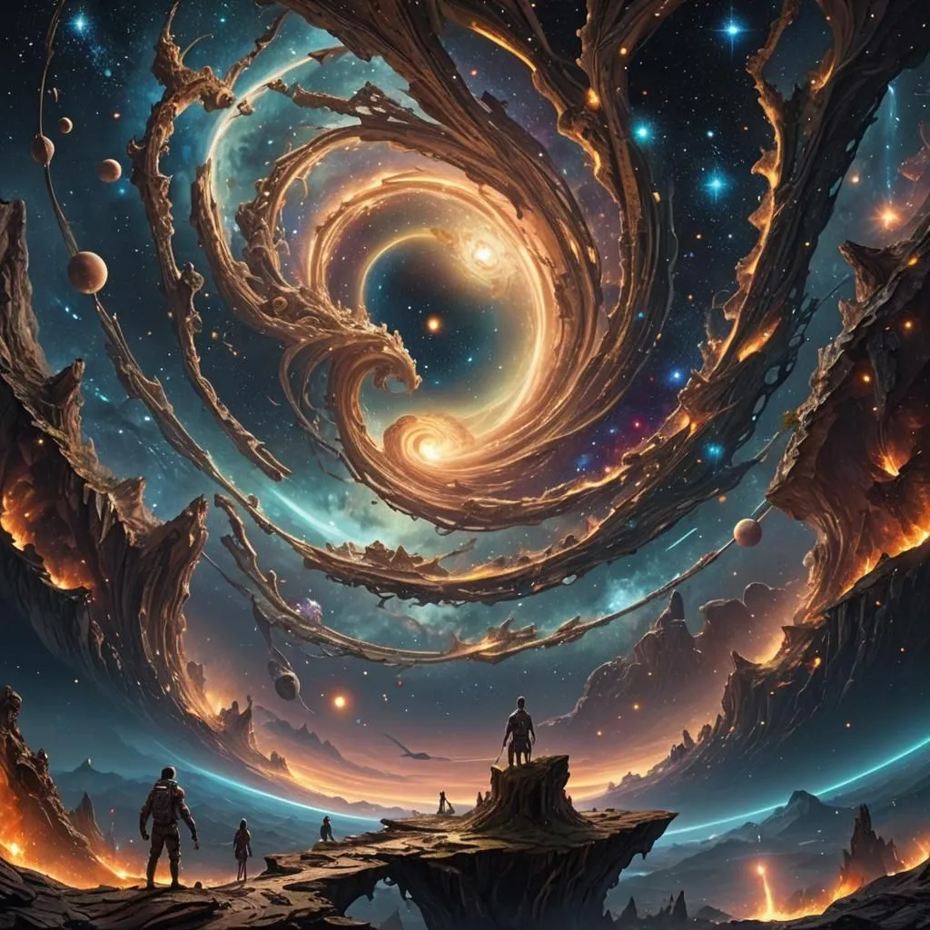 The image is set in a vast, swirling galaxy. There are stars, planets, and other celestial bodies all around. The colors are vibrant and the scene is very beautiful. In the foreground, there are four people standing on a rocky outcropping. They are all looking up at the sky in awe. The image is full of wonder and mystery. It is clear that the people in the image are dwarfed by the size and beauty of the universe.