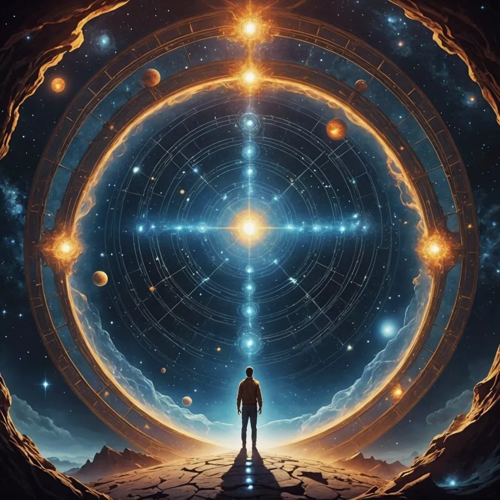 The image is set in a vast, starry void. There is a large, glowing sphere in the center of the void, and a figure is standing in front of it. The figure is wearing a long robe, and they have their arms outstretched. The sphere is surrounded by a series of concentric rings, and there are stars and planets floating in the background.