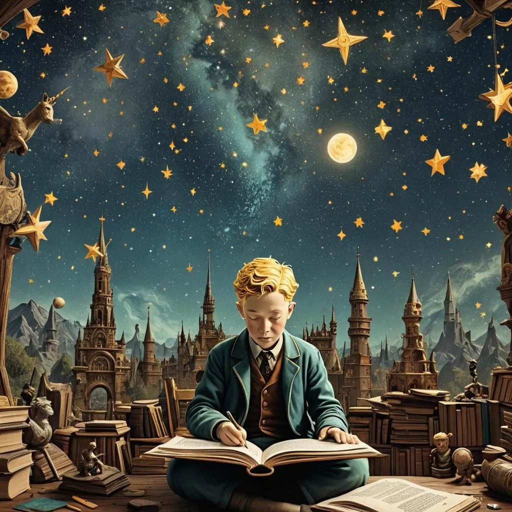 A young boy sits in a library, reading a book. He is surrounded by bookshelves and a starry night sky. The boy is wearing a blue suit and has blond hair. He is sitting on a large book, and there are many bookshelves around him. The bookshelves are filled with books, and there is a large window in the background. The window is showing a starry night sky, and there are two moons in the sky. The boy is reading a book about magic, and he is very excited about it. He has a quill in his hand, and he is writing in the book. The boy is very happy, and he is enjoying reading the book.