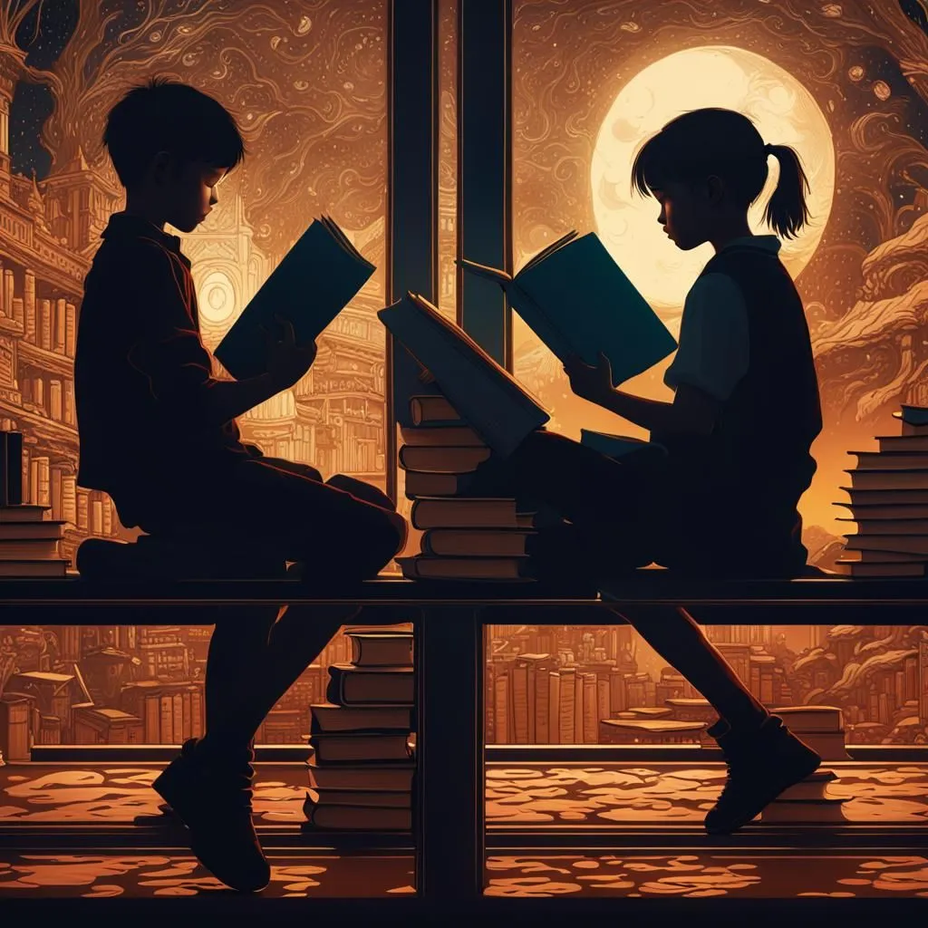 The image shows a boy and a girl reading books in a library. The library is full of bookshelves and there is a large window in the background. The boy and the girl are sitting on a bench and they are both wearing casual clothes. The boy has short brown hair and the girl has long black hair. They are both reading intently and they are not paying attention to each other. The image is warm and inviting and it captures the joy of reading.