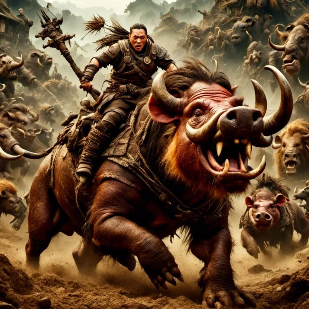 In the midst of a fierce battle, a brave warrior charges into the fray astride a mighty war boar. The warrior, a fierce and determined fighter, wields a massive polearm, ready to strike down any who dare oppose him. His mount, a massive and powerful beast, is covered in thick armor, providing protection from the enemy's attacks. Together, the warrior and his mount are an unstoppable force, crushing through the enemy ranks and leaving a trail of destruction in their wake.