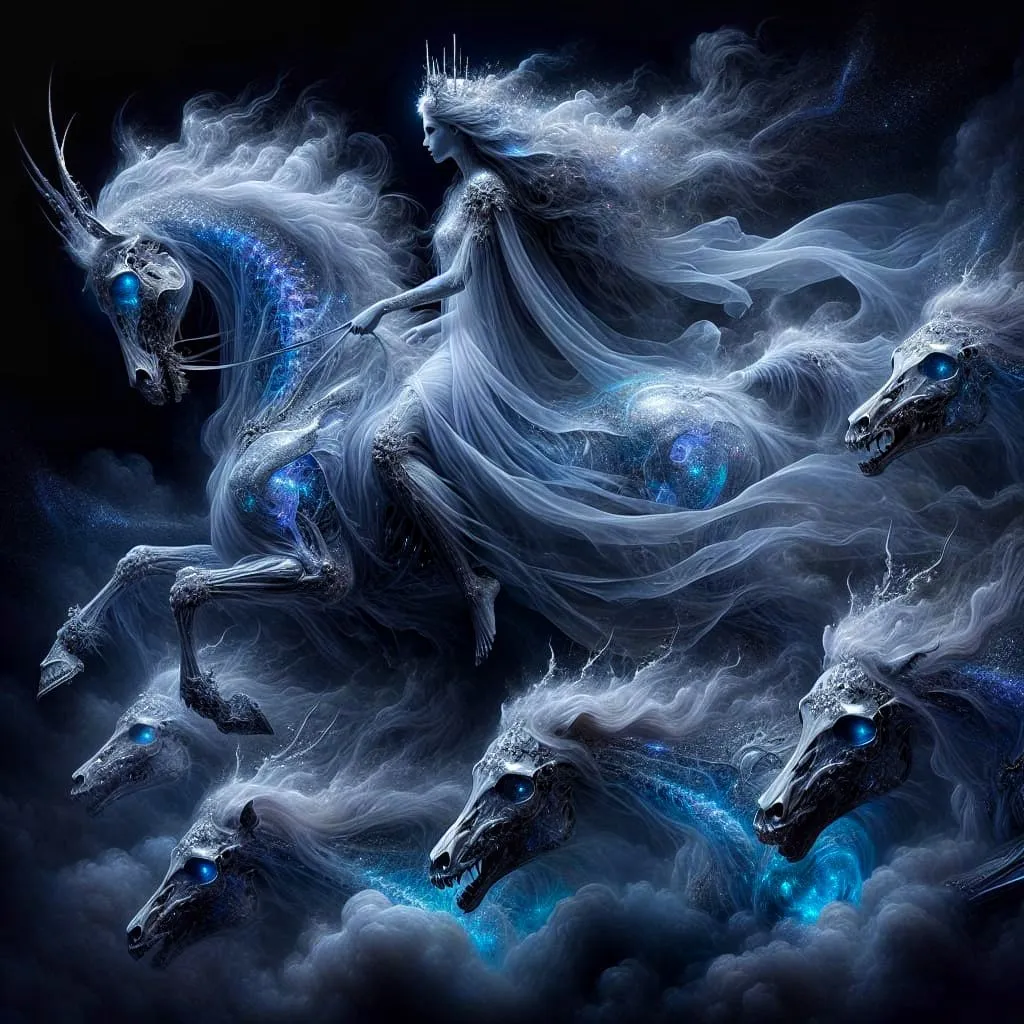 The image is a depiction of the mythical figure of the Snow Queen. She is shown as a beautiful woman with long white hair and a crown of ice and snow. She is riding on a white horse with a skeletal body. The horse is surrounded by four other skeletal horses. The Snow Queen is surrounded by a swirling snowstorm.