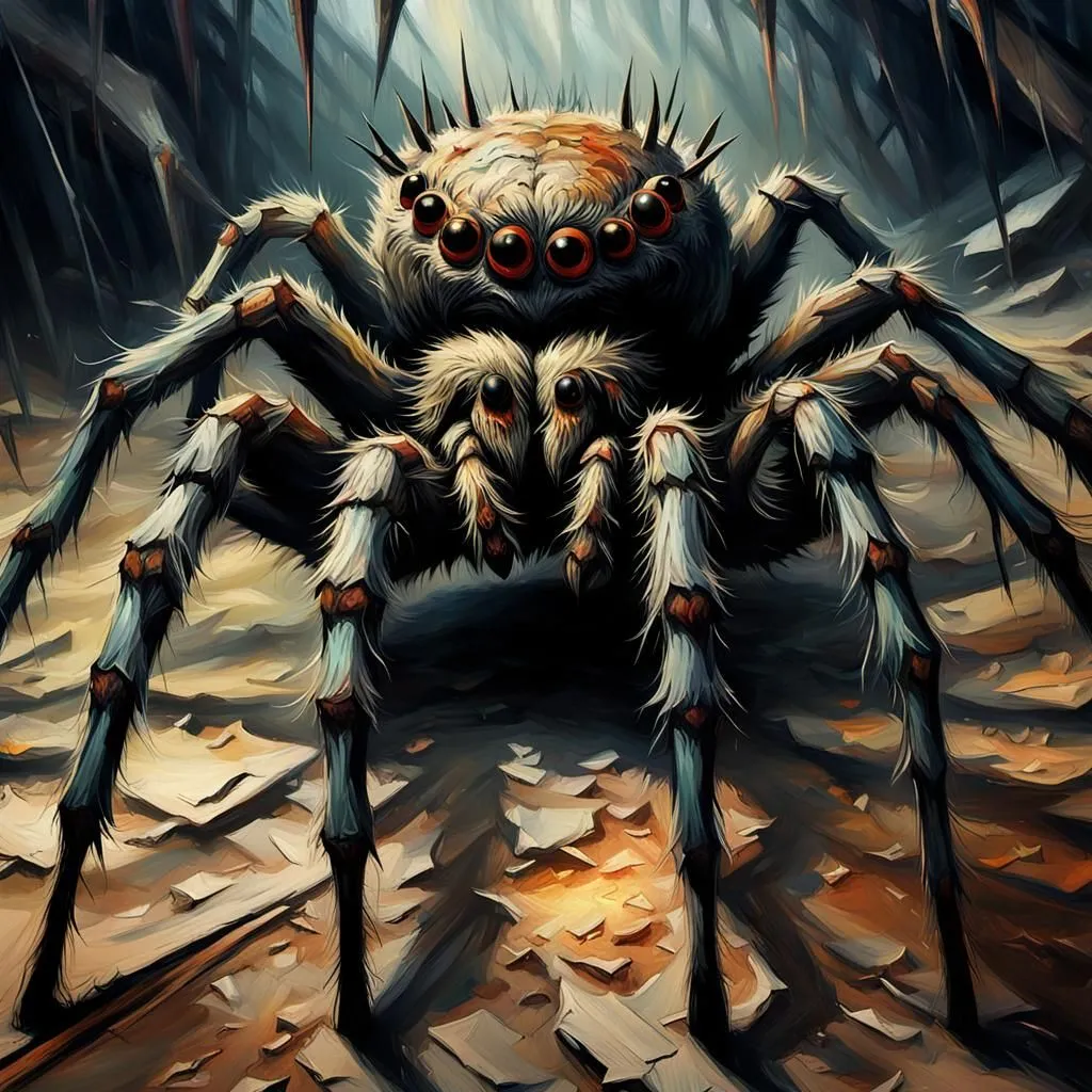 The giant spider is covered in thick, white fur, with eight red eyes and long, sharp legs. It is standing in a dark, damp cave, surrounded by rocks and rubble. The spider is poised to attack, its legs spread wide and its fangs bared.