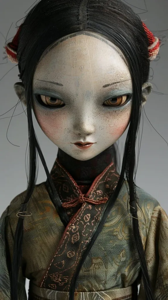 The image is a close-up of a doll's face. The doll has dark hair, brown eyes, and a pale complexion. She is wearing a traditional Chinese dress with a red and gold collar. The doll's expression is serious and contemplative. The background is a light gray.