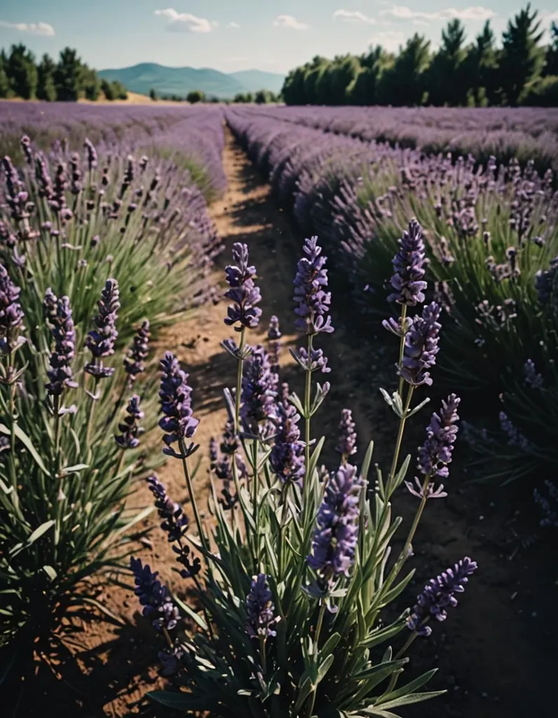 This is a field of lavender in bloom. The lavender is planted in neat rows, and the flowers are a vibrant shade of purple. The field is surrounded by trees, and there are mountains in the distance. The sky is blue, and the sun is shining. The air is filled with the sweet scent of lavender.