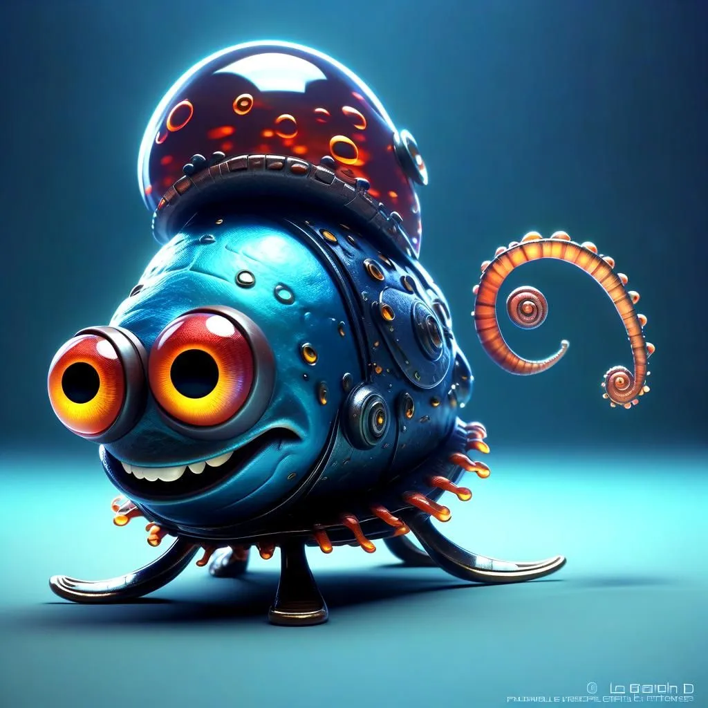 The image shows a cute, cartoonish robot. It has a blue, metallic body with a clear, bubble-like head. The robot has two large, red eyes and a friendly smile. It is also has four, crab-like legs and a long, curly tail. The robot is standing on a blue table and there is a blue background.