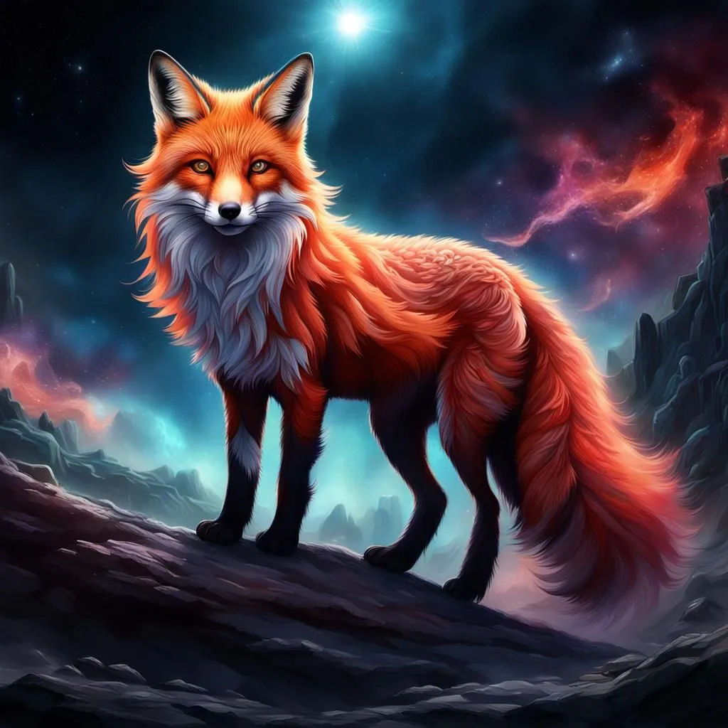 The majestic red fox stands on a rocky cliff, its eyes glowing in the starlight. Its fur is a brilliant orange, and its tail is long and bushy. The fox is surrounded by a swirling nebula, and stars twinkle in the distance. The fox is a symbol of cunning and intelligence, and it is said to be a guardian of the night.