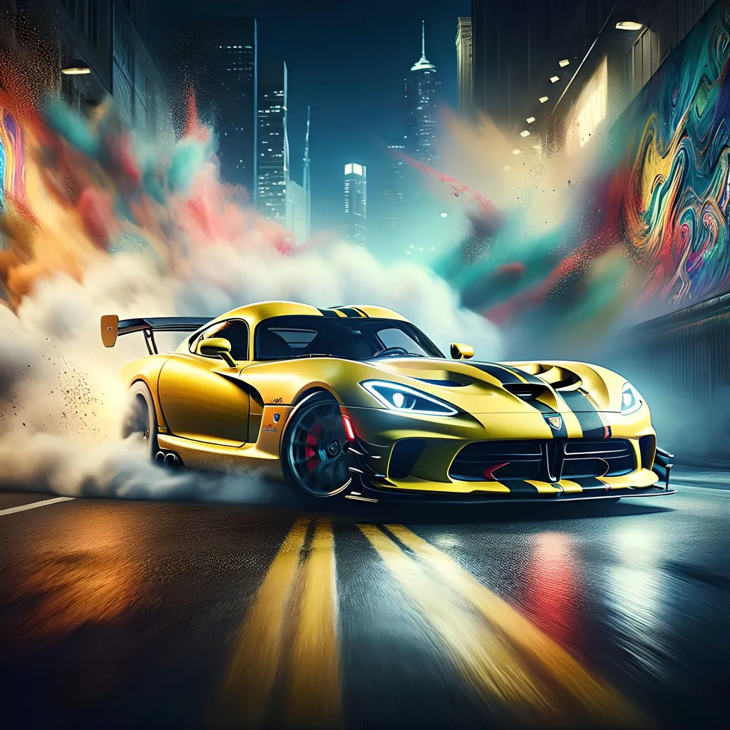 A yellow sports car is speeding down a city street. The car is surrounded by smoke and colorful lights. The car is blurred, but the background is sharp. The car is in the center of the image. The image is very dynamic and exciting.