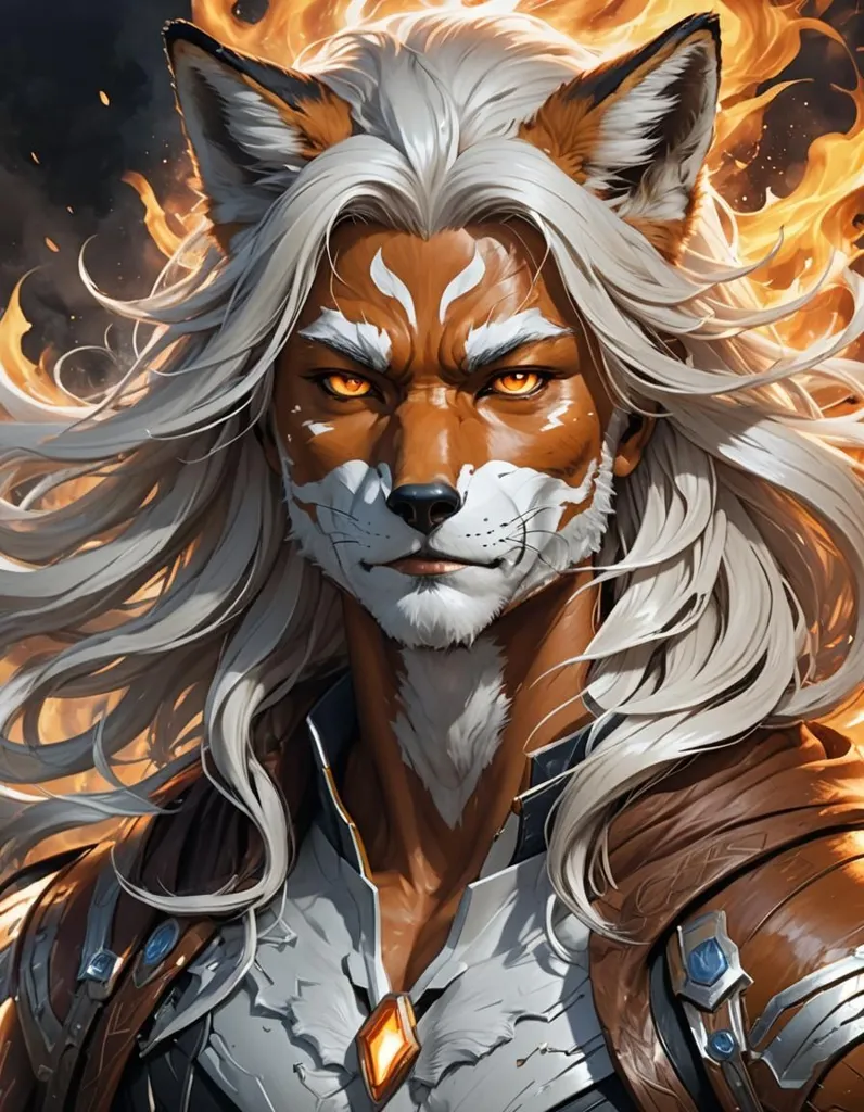 The image is of a male with fox-like features. He has long white hair, orange eyes, and fox ears. He is wearing a brown and white outfit and has a determined expression on his face. He is standing in front of a fiery background.