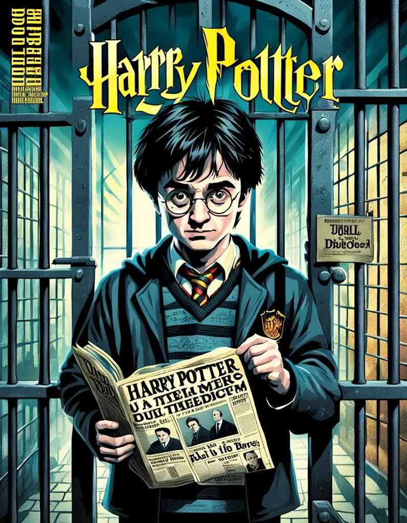 The picture shows Harry Potter, a boy wizard, wearing glasses and a Hogwarts uniform. He is standing in front of a barred door, holding a newspaper with the headline "Harry Potter and the Deathly Hallows". The background is dark and mysterious.