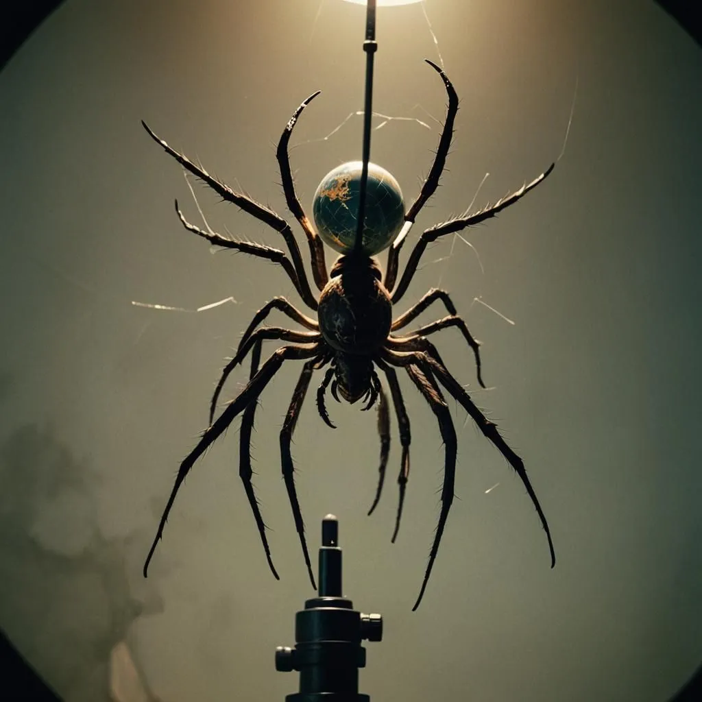 A giant spider with a globe in its web is hanging from a ceiling. The spider is black and hairy, with long, spindly legs. The globe is blue and green, and it is covered in a web. The spider is perched on a small platform, and there is a tripod with a camera on the floor below it.